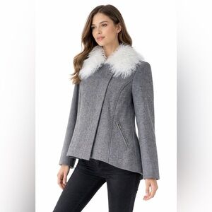 Preen Gray Wool Blend Jacket Mongolian Shearling Fur Collar Zip Pockets New Sz M